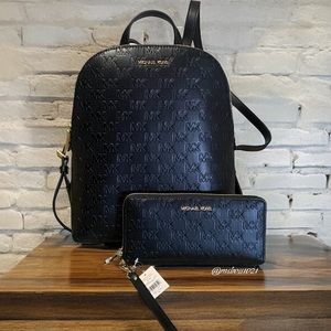 Michael Kors Dallas Medium Backpack + Wallet in Black Embossed NWT